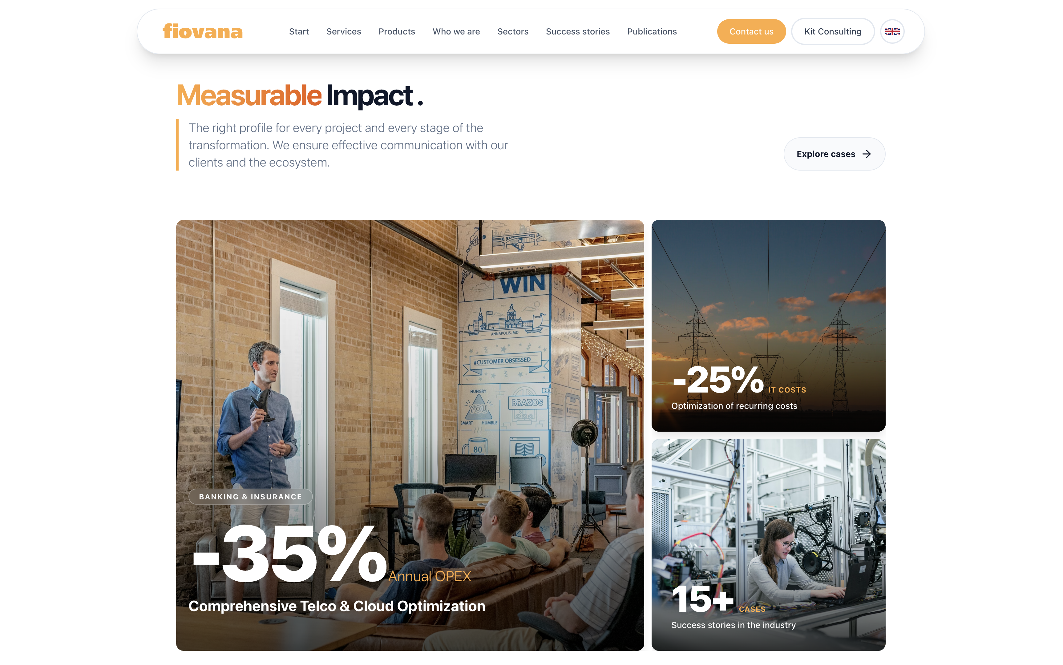 Fiovana measurable impact section showing client cost optimization results