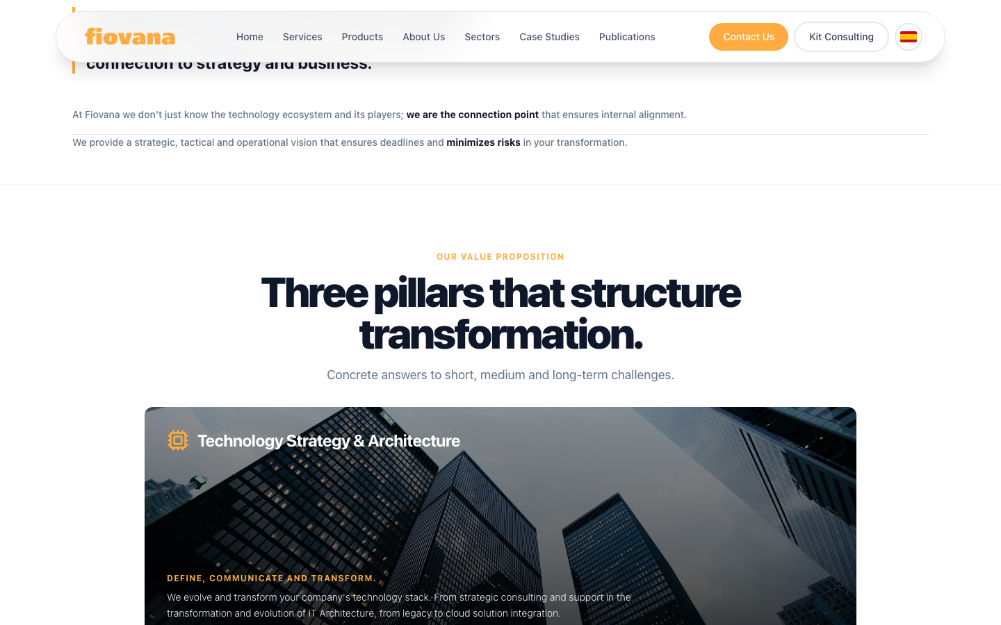 Fiovana three pillars value proposition with Technology Strategy, Negotiation, and Transformation services